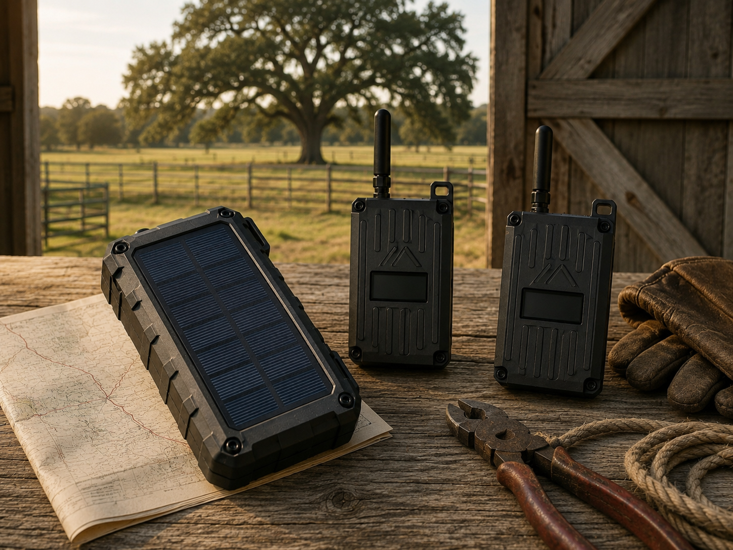 Basic Comms Pack — Two black handheld mesh-messaging radios with USB-C charging cables on a warm off-white background