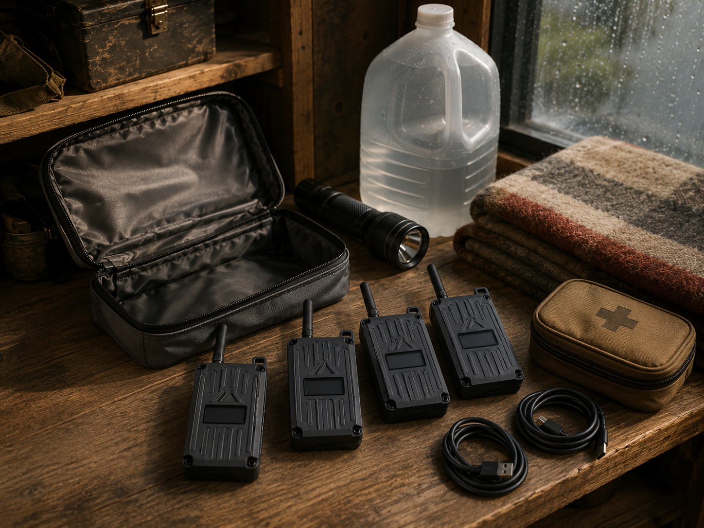 Disaster Preparedness — Four handheld radios, a solar relay, and a protective Faraday sleeve on a neutral background