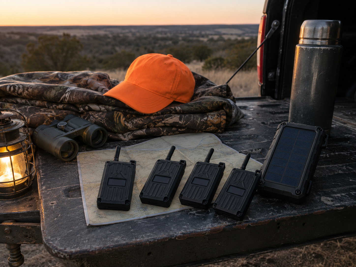 Family Four — Four black handheld mesh radios arranged in a clean flat-lay product composition