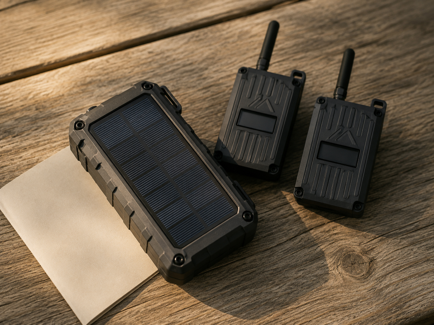 Ranch Radio — Two black handheld radios with a rugged solar-powered relay on weathered wood